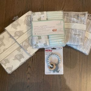 Fitted crib sheets, changing pad covers, muslin swaddles, teething ring